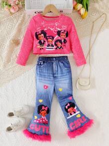 SHEIN 2 件套年轻女孩街头时尚圆领长袖短款女孩肖像 T 恤和松紧腰女孩肖像牛仔效果喇叭裤，春秋 - 玫紅色 - 查看 3