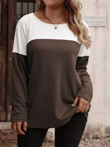 INAWLY 女士加大码圆领长袖拼色 T 恤，装饰纽扣，格子纹理面料，秋冬图案 T 恤，女士春季上衣 - 彩色 - 查看 5