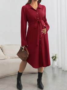 SHEIN 孕妇休闲纽扣衬衫裙，秋季长款宽松孕妇裙