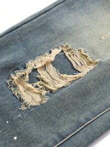 SHEIN Tween Boy Fashion Casual Vintage Paint Points And Cut Out Ripped Frayed Embroidered Applique Design Comfortable Baggy Straight Leg Jeans Boys Cool Outfit/Boys Thanksgiving Outfit For Boys Costume Dailywear And Fall/Winter Kids Clothes