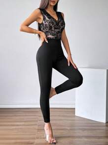 Firerie Women's Lace Patchwork Sleeve Lace Top Minimalist Lace Patchwork Sleeveless Jumpsuit, Teacher Jumpsuit,Casual Wear For Work,Commuter Style Office/Business Daily Wear