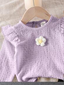 SHEIN Playful Pals 女嬰韓版 2 件組紋理套裝，附 3D 花朵裝飾喇叭褲腳優雅荷葉邊紫色針織長褲，秋季日常穿搭 - 紫色 - 查看 6