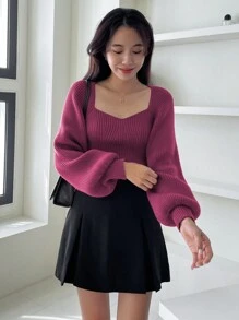 DAZY 女士休闲日常纯色甜心领宽松毛衣，秋冬，秋季女装 - 玫紅色 - 查看 5