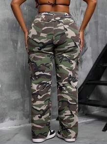 SHEIN SXY 大码弹力迷彩印花直筒工装男友风牛仔裤