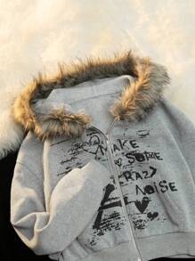 Comfortcana Áo hoodie dài tay in chữ họa tiết chắp vá lông thú cho nữ, áo dài tay tốt nghiệp, trang phục trở lại trường, tốt nghiệp, trang phục giáo viên cho nữ, trở lại trường vào mùa thu/đông - Màu Xám nhạt - Xem 5
