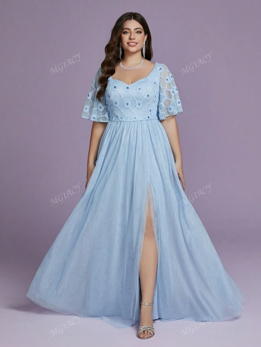 Plus Size Mgiacy Lace Mesh Sleeve Beaded Strapless Front Slit High-End Evening Dress,Party Dress,Prom Dress