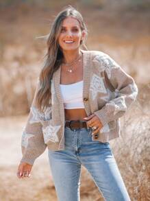 SHEIN VCAY Chaqueta de punto casual para diario y vacaciones con estampado de estrella, suéteres para mujer, térmica, ropa de invierno para mujer - Caqui - Ver 4