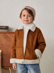 Cozy Pixies Young Boy Fluffy Collar Long Sleeve Cardigan Jacket, Casual All-Match - Brown - View 3