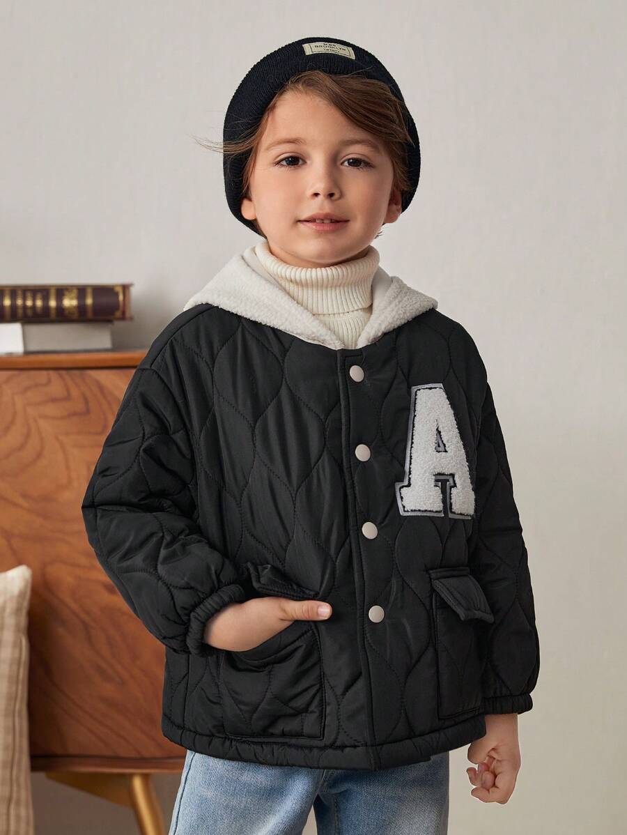 Cozy Pixies Youth Boy Casual Versatile Letter Graphic Contrast Color Hooded Thick Jacket - Multicolor - View 1