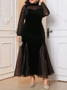 Modelyn Plus Size Women's Solid Color Stand Collar Mesh Long Sleeve Fishtail Hem Elegant Dress Maxi Women Outfit Long Evening Dresses