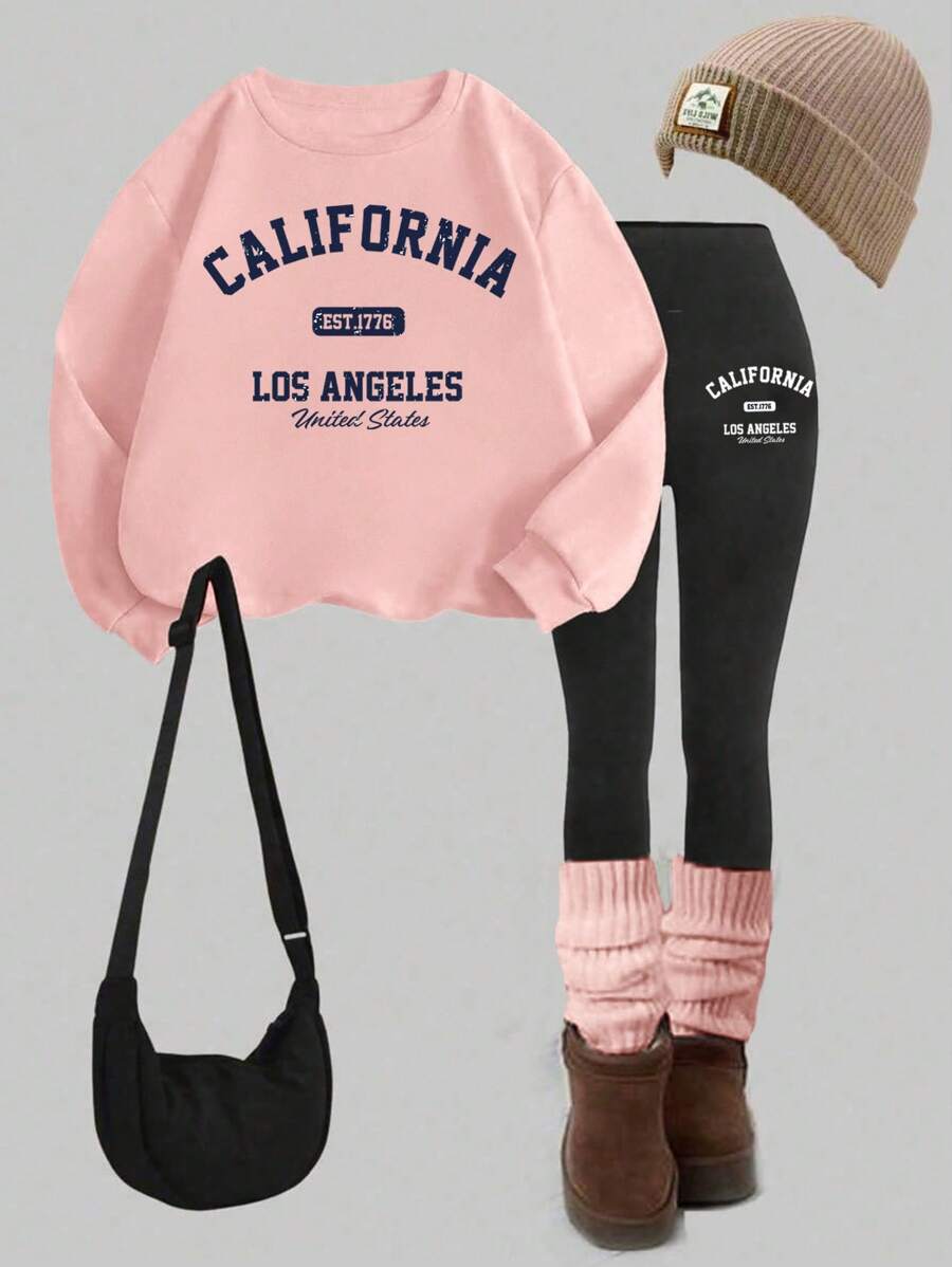 SHEIN Leap Crew Bộ 2 món/Bộ áo nỉ dài tay thường ngày và quần nỉ cho bé gái tuổi mới lớn, bộ đồ nỉ dày, trang phục phù hợp cho mùa thu/đông - Hồng - Xem 1