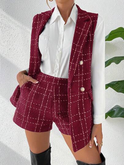 Chiquease Women's Plaid Print Lapel Sleeveless Blazer & Pocketed Shorts Elegant Suit Set For New Year Clothes