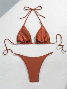 SHEIN Swim Conjunto de bikini de mujer con tirantes finos y cuello halter brillante de unicolor, para playa y resort de verano