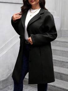 SHEIN Clasi Plus Size Solid Color Casual Daily Wear Notched Collar Single-Breasted Coat, Autumn, For Winter