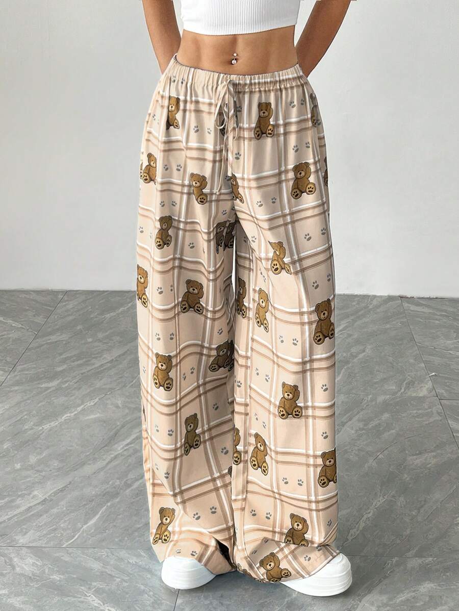 SHEIN EZwear 女士休闲泰迪熊装饰松紧腰格子印花宽腿宽松裤 - 粉色 - 查看 1