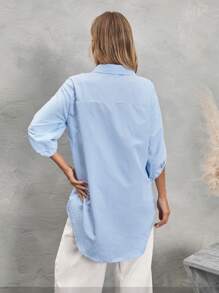 SHEIN LUNE Women's Casual Embroidered Floral Blue And White Striped Shirt - Blue and White - View 2