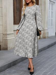 SHEIN Clasi 1pc Women Polka Dot Graffiti Print Khaki Long Sleeve A-Line Elegant Autumn Winter Comfortable Commute Versatile Dress - White - View 3