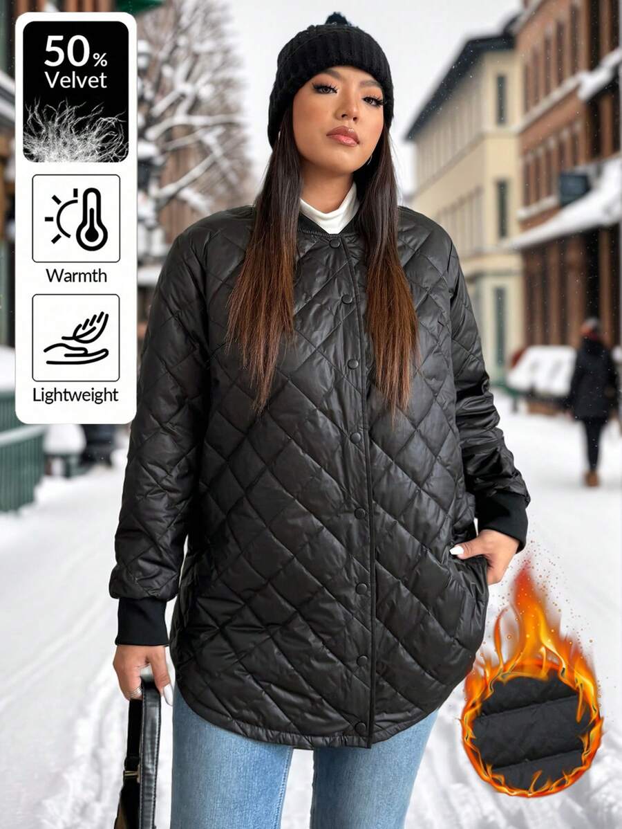 SHEIN EZwear Áo khoác lông vũ chần bông màu đen cỡ lớn cho nữ và lông vũ cho mùa đông - màu đen - Xem 1
