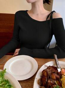 DAZY Áo len dài tay cổ bẻ cho nữ, màu trơn, thu/đông - màu đen - Xem 2