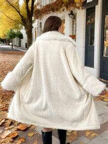 SHEIN Privé Plus Size Elegant Commute Work Chic High-End Afternoon Tea Slightly Sexy Date Music Party Wedding Season Jacket,Camel Fur Collar Thermal Warm Fuzzy Mid-Length Overcoat For Autumn/Winter - Apricot - View 2