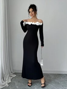 Chiquease Vestido ajustado con decoración floral y escote barco para mujer, elegante para otoño/invierno