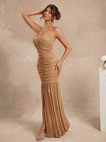 L'Amorae Crossed Back Mesh Center Slit Dress