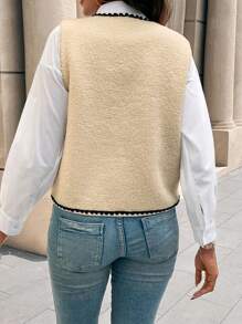 SHEIN LUNE Women's Contrast Ribbon Patchwork Fluffy Vest Jacket, Autumn/Winter - Apricot - View 2