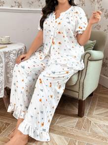 CottageSlumber Conjunto de pijama de top de manga corta con escote en V y pantalones con estampado floral ditsy en tallas grandes