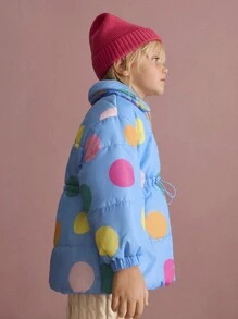 SHEIN Young Girls Colorful Polka Dot Blue Collar Pocket Cinched Waist Casual Jacket, Autumn And Winter - Blue - View 3