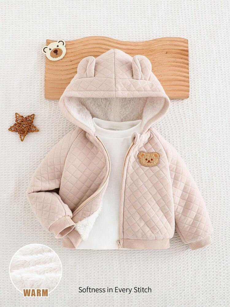 Cozy Pixies Áo khoác len dài tay mềm mại họa tiết tai gấu 3D cho bé trai màu trơn - Màu be - Xem 6