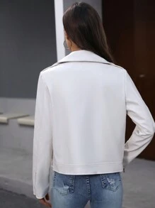 SHEIN LUNE Áo khoác xe máy cổ đứng khóa kéo kim loại thường ngày/đi làm cho nữ, ấm áp cho mùa thu/đông - trắng - Xem 2
