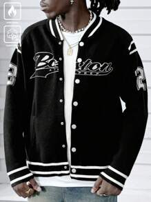 Manfinity EMRG Cárdigan de cuello redondo con botones frontales y estampado de letras y rayas de manga larga para hombre
