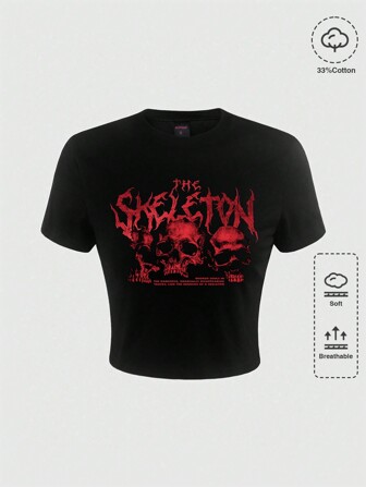 Grunge Punk Camiseta de manga corta casual de uso diario con impresión de calavera y letras de Halloween