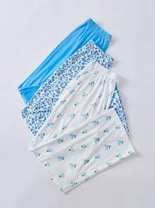 3pcs Romantic Floral & Cherry Print Women Pajama Pants Set