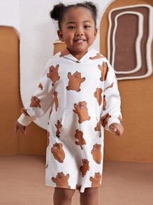 We Bare Bears X SHEIN Young Girl Cartoon Graphic Cute Teddy Bear Full Print Hoodie Brushed Pocket Sweatshirt Dress, Casual For Fall And Winter - White - View 9