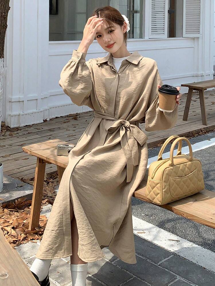 Plain Loose Belt Midi Dress For Women Shirt Dress,Fall Clothes Long Sleeve Dress