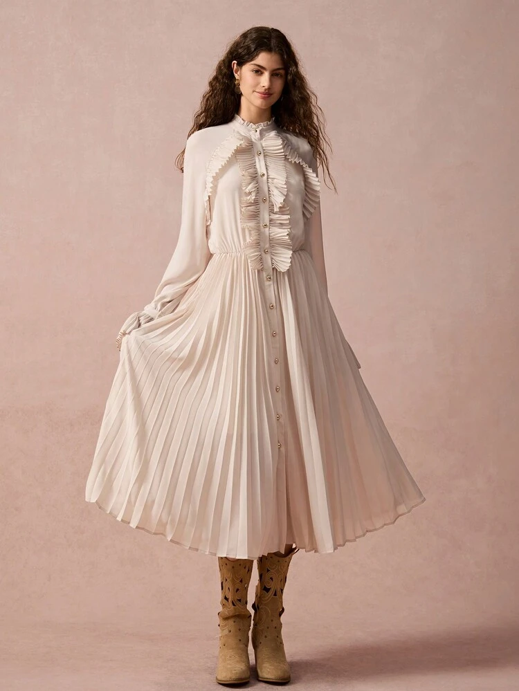 Novos Produtos de Outono e Inverno, Vestido de Manga Longa com Bainha Plissada e Acabamento Frufru de Cor Sólida Elegante para Mulheres, Vestuário Feminino de Outono e Inverno, Vestido de Inverno, Vestido de Manga Longa