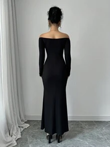 Chiquease Vestido ajustado con decoración floral y escote barco para mujer, elegante para otoño/invierno