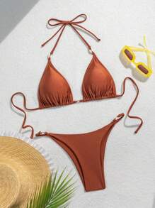 SHEIN Swim Conjunto de bikini de mujer con tirantes finos y cuello halter brillante de unicolor, para playa y resort de verano