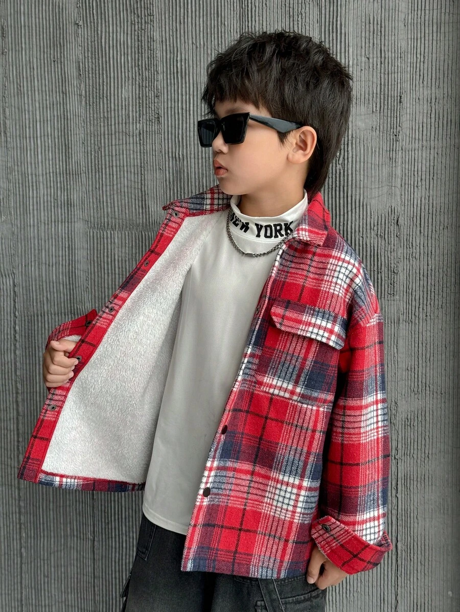 Tween Boy 休闲格子珊瑚色保暖内衬翻领前开宽松厚风衣夹克 - 彩色 - 查看 1
