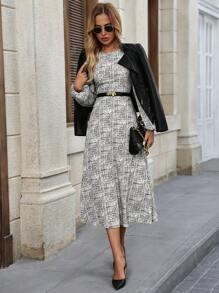 SHEIN Clasi 1pc Women Polka Dot Graffiti Print Khaki Long Sleeve A-Line Elegant Autumn Winter Comfortable Commute Versatile Dress - White - View 1