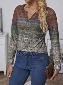 INAWLY Camiseta informal con cremallera y estampado degradado en talla grande, otoño