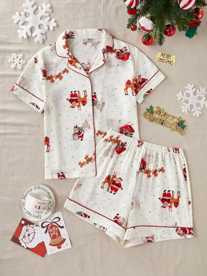 圣诞图案印花翻领开衫短袖和短裤睡衣套装