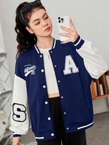 SHEIN Chaqueta informal de manga larga con estampado de parches de letras para niña adolescente
