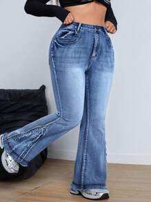 SHEIN ICON Plus Size Spring Autumn Casual Distressed Flared Hem Denim Jeans - Blue - View 6