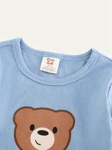 Cozy Pixies Bộ đồ ngủ 2 món/bộ cho bé trai cổ tròn in hình gấu hoạt hình dài tay và quần dài kẻ sọc vừa vặn - Nhiều màu - Xem 3