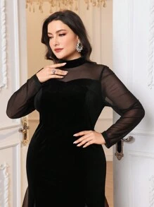 Modelyn Plus Size Women's Solid Color Stand Collar Mesh Long Sleeve Fishtail Hem Elegant Dress Maxi Women Outfit Long Evening Dresses