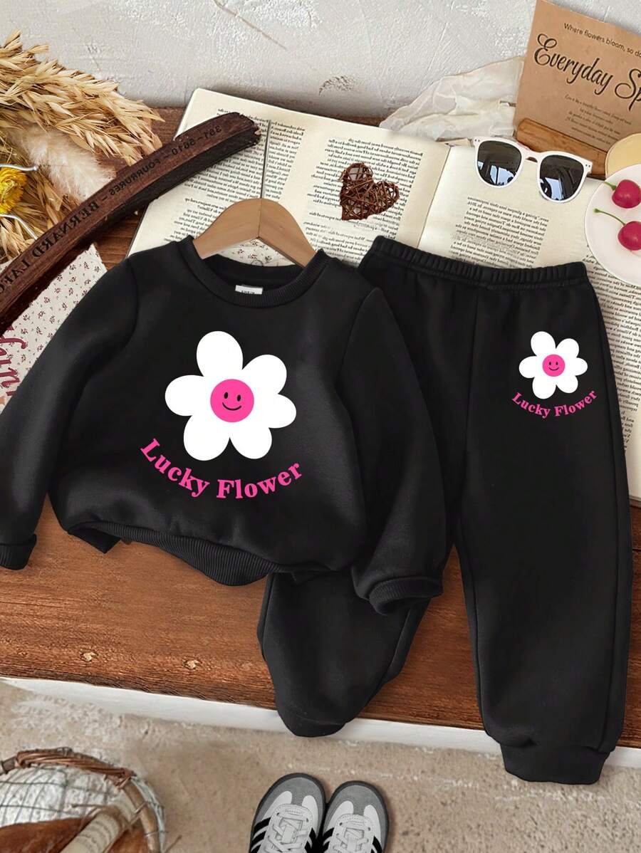 SHEIN 幸运花，可爱花卉印花女婴休闲卡通图案圆领连帽衫厚装，适合秋冬季 - 黑色 - 查看 1