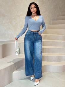 Modelyn Casual Solid Color Lace Trim Fitted T-Shirt, Autumn/Winter - Dusty Blue - View 3