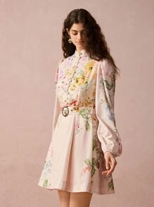 Enchnt Spring/Summer Romantic Women  Romantic Floral Printed Front Button Stand Collar Elegant Lantern Long Sleeve Dress,Sweet&Elegant Outfit For Sweet Date Night &Wedding Guest Dress Women &Holiday & Graduation Dress&Daily Commuting&Vacation&Garden Parties & Concert Outfit Women - Apricot - View 8